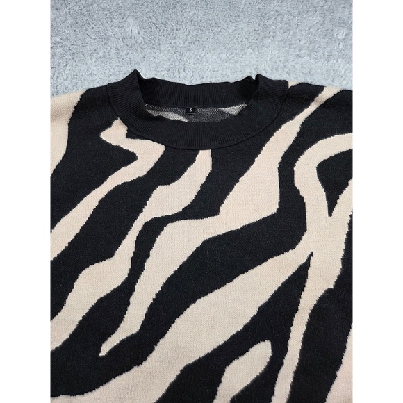 Sweaters - Zebra Print Crewneck Sweater Black Beige Animal Print Knit Top Small
